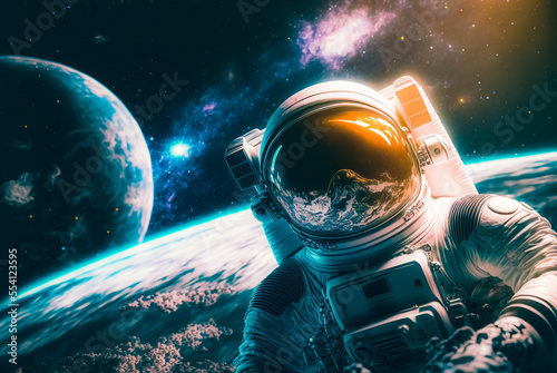 Astronaut in outer space. Astronaut at the Earth orbit. Realistic science fiction art. Space fantasy image with astronaut. digital art 