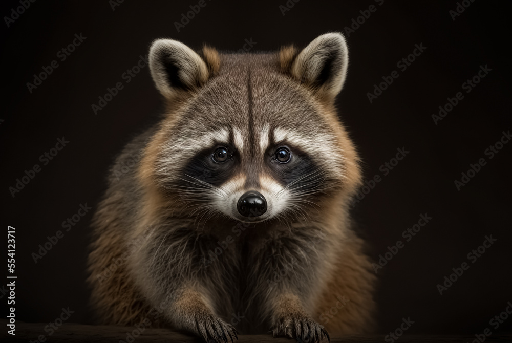 Young Raccoon standing in front and  Looking at the camera isolated on black background
