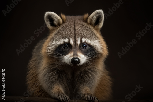 Young Raccoon standing in front and Looking at the camera isolated on black background 