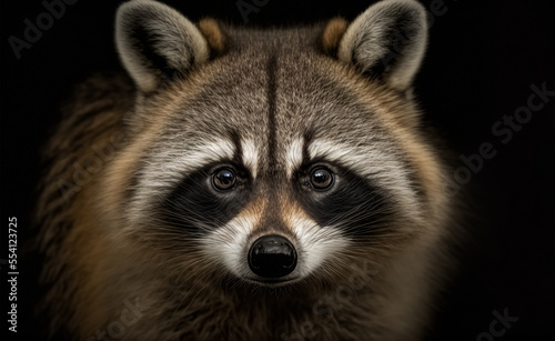 Young Raccoon standing in front and Looking at the camera isolated on black background 