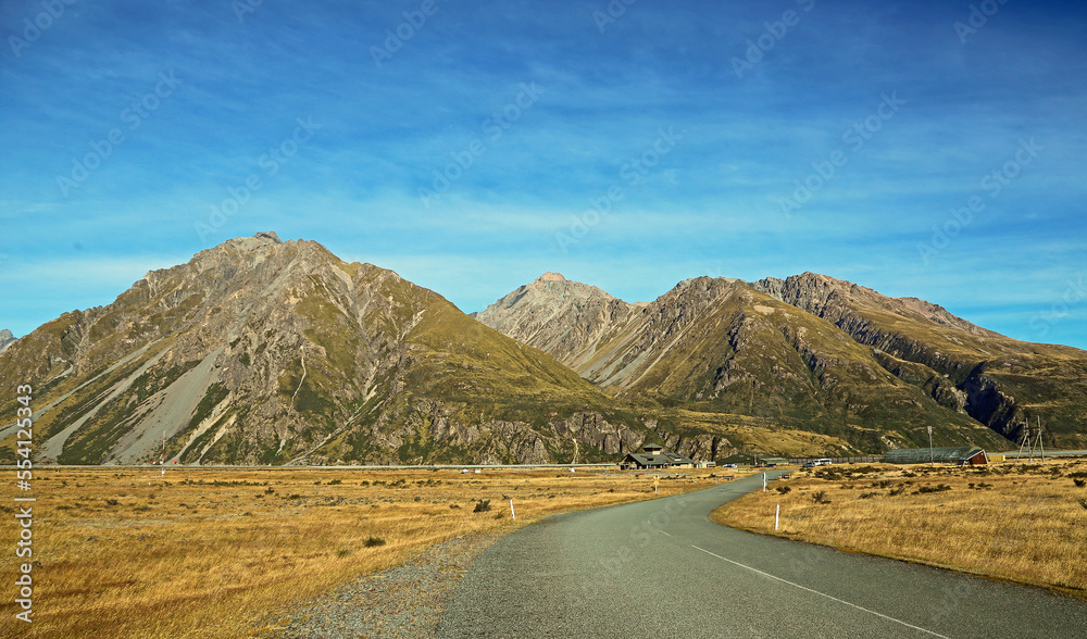 Road to Mt Cook airport - Mt Cook National Park, New Zealand