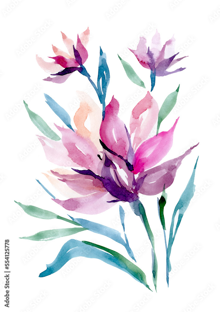 Pink lilies, asters, bouquet, watercolor illustration on a white background. Bouquet with lilies for invitation design.