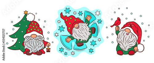Cute Christmas gnome set. Hand drawn gnomes ourdoor fun. Outline and color doodle. Red and green Christmas palette. Adorable scandinavian gnomes cartoon vector illustration. Winter season greetings. photo