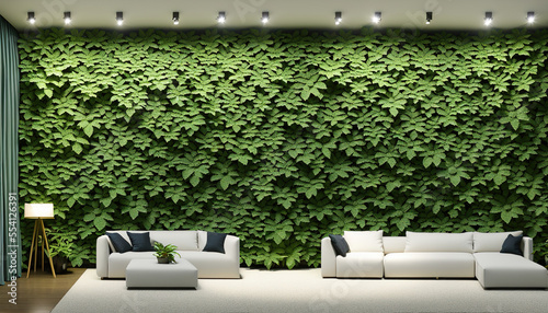 Bright furniture against wall of plants photo