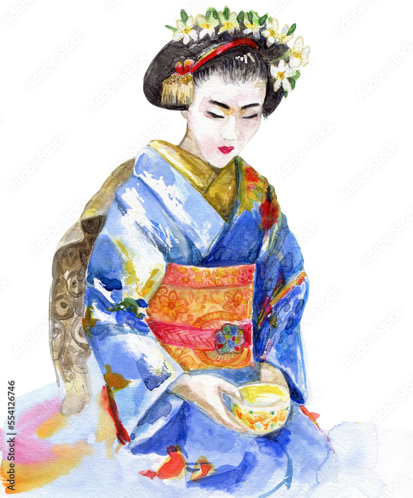Beautiful Japanese woman geisha sitting in traditional kimono dress