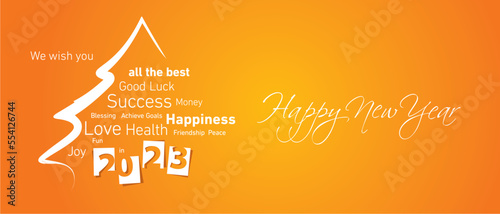 Happy New Year 2023 white negative space numbers abstract christmas tree word cloud orange yellow background vector greeting card