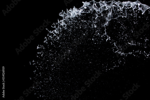 Shape form droplet of Water splashes into drop water attack fluttering in air and stop motion freeze shot. Splash Water for texture graphic resource elements, black background isolated