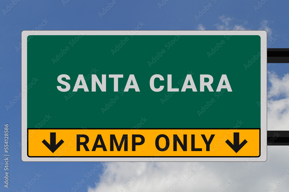 Santa Clara logo. Santa Clara lettering on a road sign. Signpost at entrance to Santa Clara, USA. Green pointer in American style. Road sign in the United States of America. Sky in background Santa Clara logo. Santa Clara lettering on a road sign. Signpost at entrance to Santa Clara, USA. Green pointer in American style. Road sign in the United States of America. Sky in background