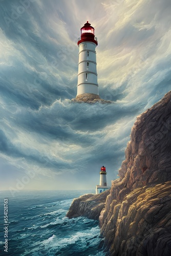 Two lighthouses. One on the rocks in the sea, another in the sky . Generative ai.