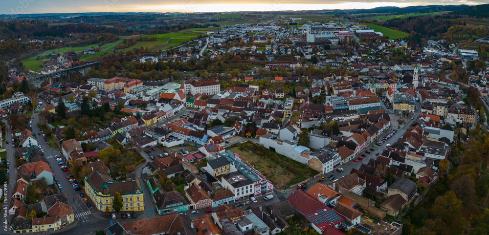 Aerial wide view around the city Zwettl in Austria on a sunny autumn morning	