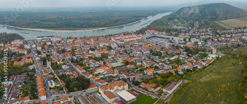 Aerial view of the city Hainburg an der Donau in Austria on a cloudy autumn day