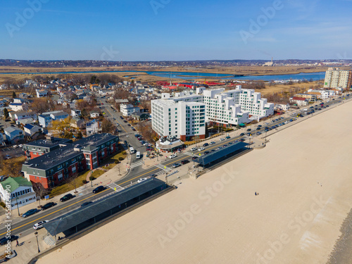Revere Beach aerial view and historic coastal area in spring in city of Revere near Boston, Massachusetts MA, USA. 