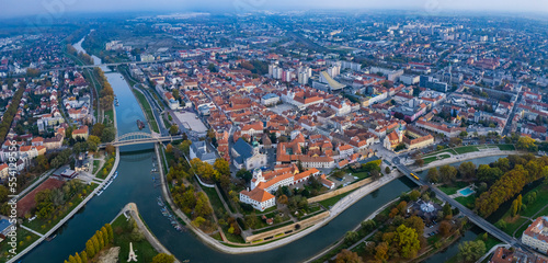 Aerial wide view around the city Győr in Hungary on a cloudy autumn day. photo