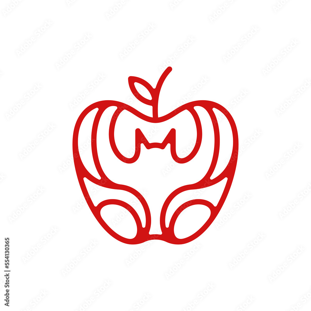 Fruit apple logo with Bat animal, fruit silhouette simple linear geometric shape in minimalist style.