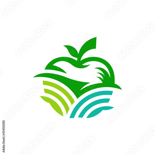 Fruit apple logo with Field, fruit silhouette simple linear geometric shape in minimalist style.