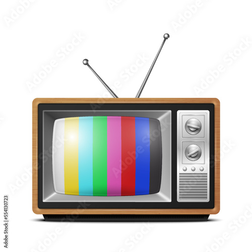 Vector 3d Realistic Brown Wooden Retro Striped Screen TV Receiver Isolated on White Background. Home Interior Design Concept. Vintage TV Set, Television, Front View