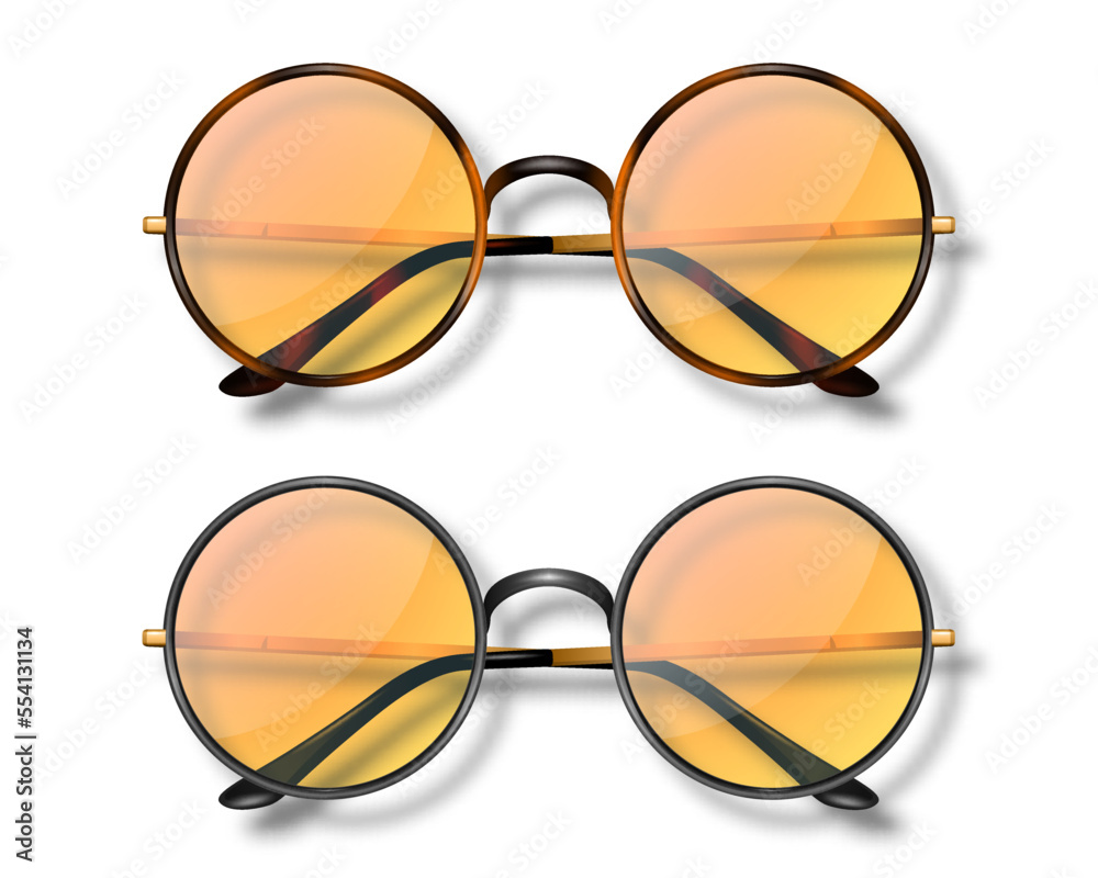 Fototapeta premium Vector 3d Realistic Round Frame Glasses Set Glass Isolated, Transparent Sunglasses for Women and Men, Accessory. Optics, Lens, Vintage, Trendy Glasses. Top View