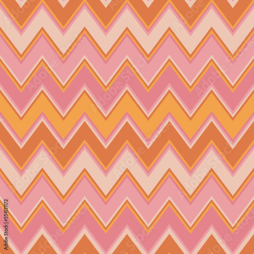 Chevron seamless pattern. Zigzag stripes ornament. Vector texture with lines, striped zig zag. Simple abstract geometric background. Orange, yellow, pink and beige color. Retro vintage style design © Olgastocker