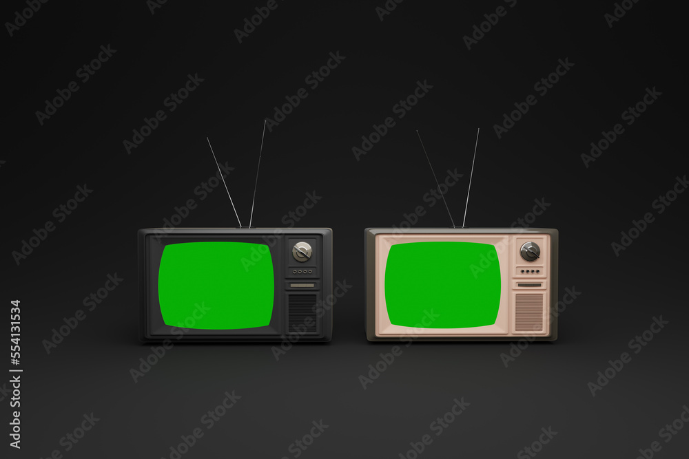 Vintage television sets with chromakey screens in black background, 3d