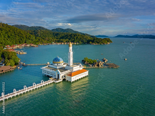 Aerial view of beautiful floating mosque at Pangkor Island.
