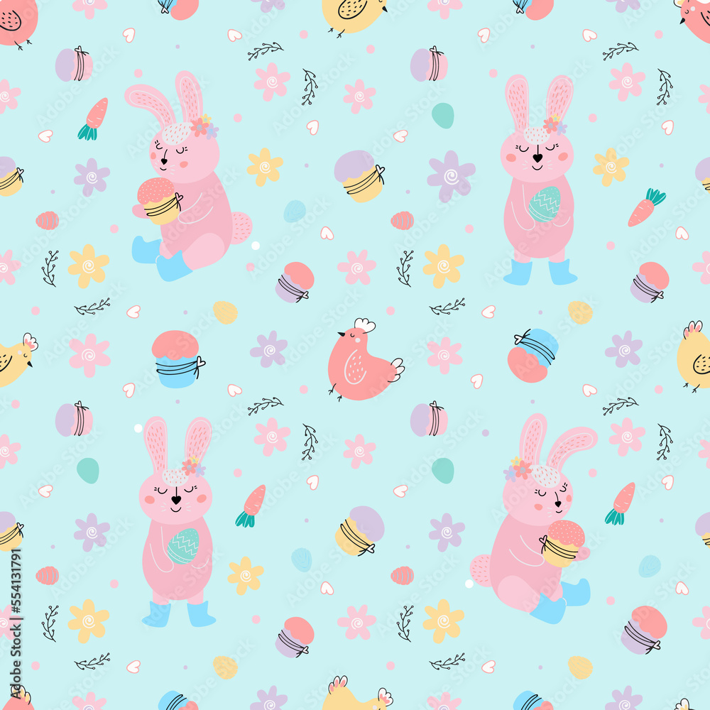 Easter pattern with bunny, cakes, eggs, willow Easter pattern with bunny, cakes, eggs, willow