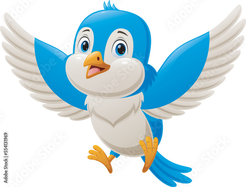 Cute blue bird cartoon flying on white background