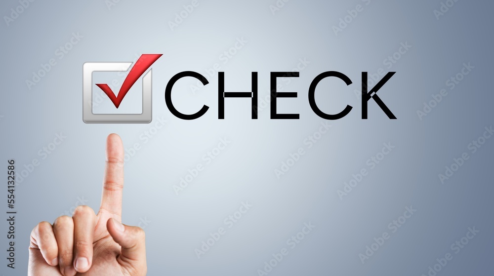 Hand point on CHECK word on simple background