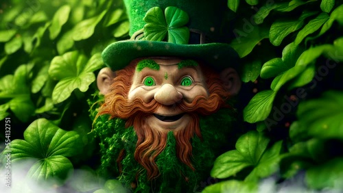 Smiling Leprechaun face peeking out of leaves, clover. Moving lights, sparkles, lights. Video loop. 30 seconds.