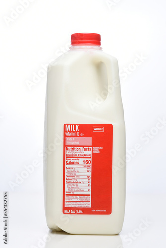 A Half Gallon Carton of Pasteurized Grade A and Homogenized Whole Milk, with label showing nutrition facts.