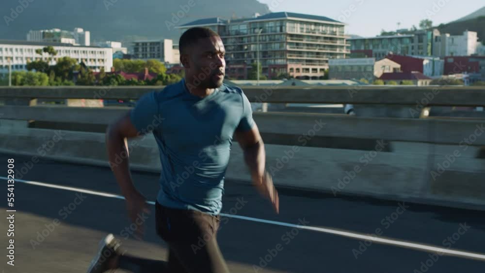 Man, city road and running fast for fitness wellness, sports workout and exercise training for athletics sports or marathon outdoor. Healthy, active athlete or speed runner for cardio performance