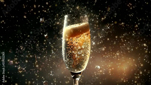 A glass of champagne for the new year 2023. Moving background. 30 second loop..