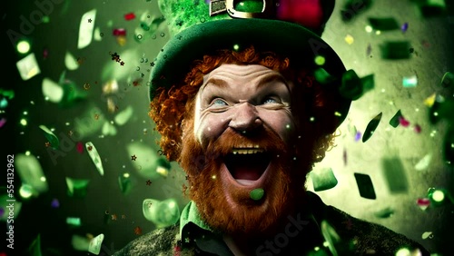 Leprechaun smiling face surrounded by falling confetti. Loop video 30 seconds. 3d rendering.