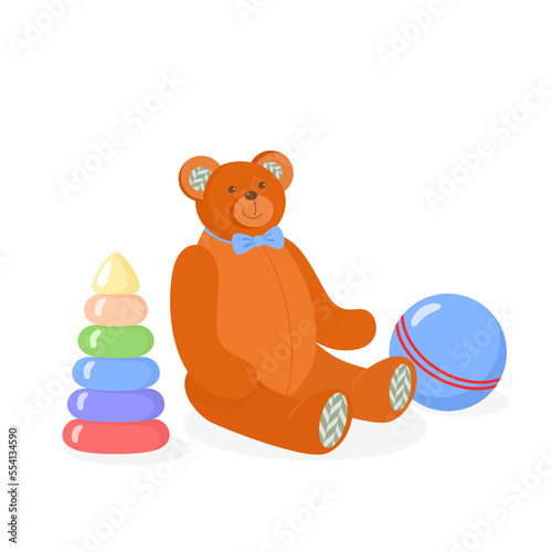 Collection of children's toys. Brown teddy bear with bow tie, colored wooden stacker toy, rubber ball. Side view. Vector illustration isolated on white background.