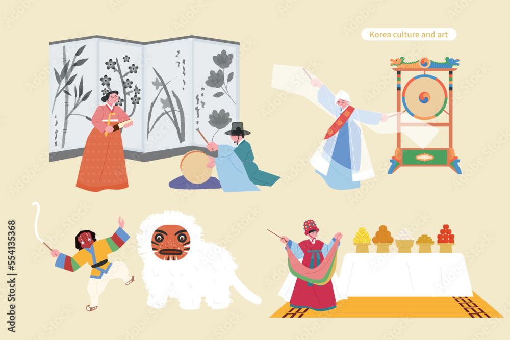 Korean traditional cultures. Pansori, monk dance, lion mask dance, shaman's exorcism.