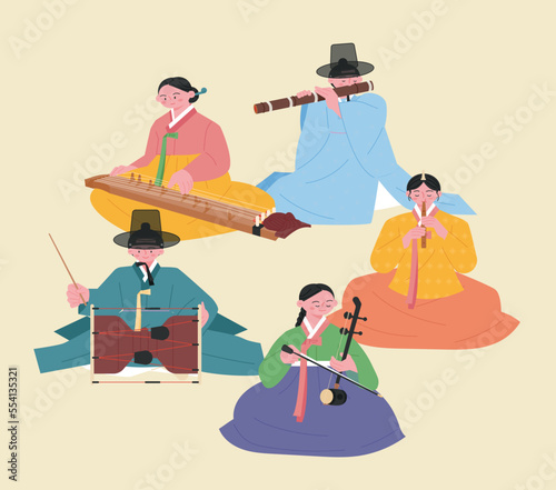 Korean traditional music quartet. People wearing hanbok are playing gayageum, daegeum, janggu, haegeum, and piri.