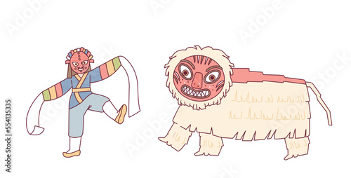 Korean traditional mask dance. Performers wear masks of lions and servants and dance.