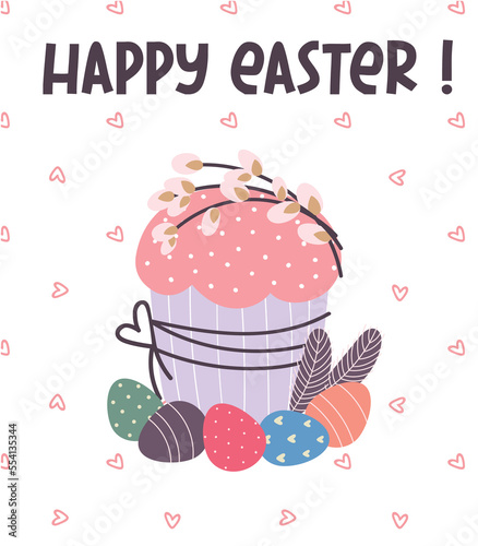 Happy Easter greeting card.Easter cake eggs willow