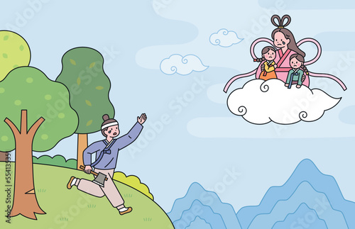 A fairy tale about the fairy and the woodcutter. A fairy riding a cloud with her children and a woodcutter following them.