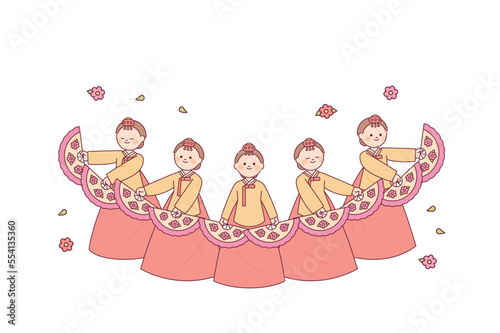 Korean traditional dance. Beautiful fan dance by women wearing hanbok.