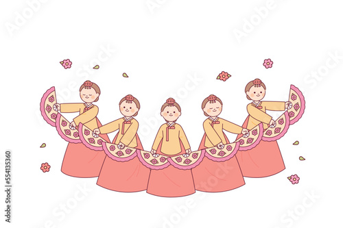 Korean traditional dance. Beautiful fan dance by women wearing hanbok. photo