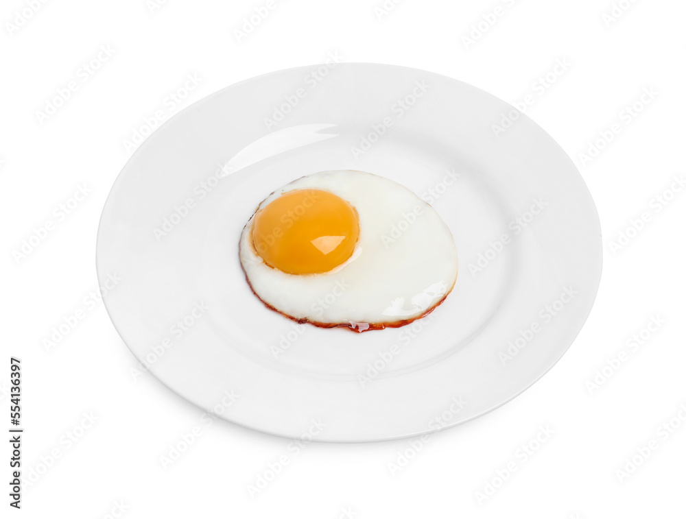 Plate with delicious fried egg isolated on white Plate with delicious fried egg isolated on white