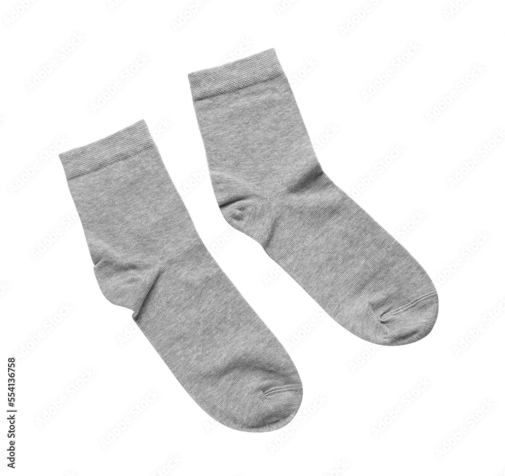 Pair of grey socks isolated on white, top view Pair of grey socks isolated on white, top view