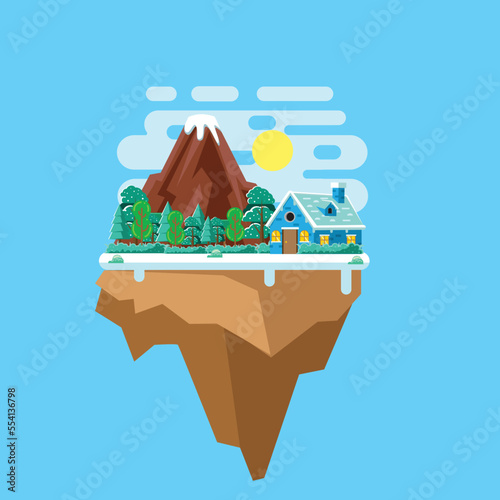 Floating island in winter season with flat design illustration