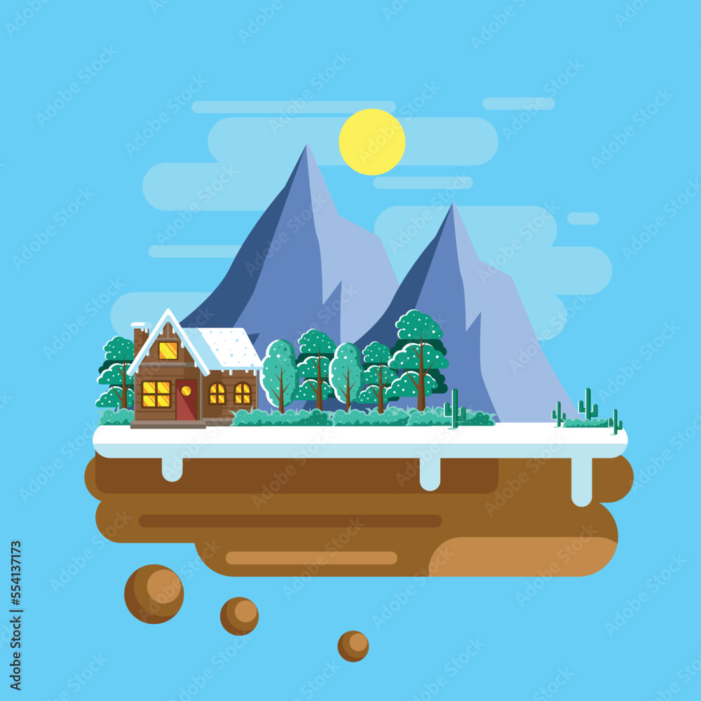 Obraz premium Floating island in winter season with flat design illustration