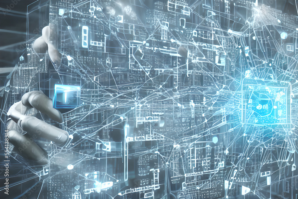Naklejka premium AI, Machine learning, Hands of robot and human touching on big data network connection background, Science and artificial intelligence technology, innovation and futuristic, with AI generate