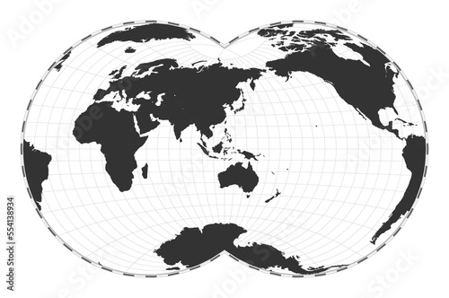 Vector world map in Van der Grinten IV projection. Geographical map with latitude and longitude lines, centered at 120 degrees W longitude. Vector illustration.