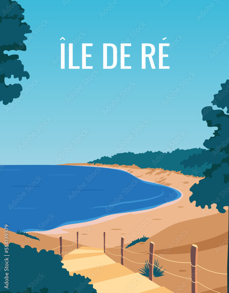 travel poster of beach in Ile de Re, france. landscape vector illustration with colored style for poster, postcard, card, print. - obrazy, fototapety, plakaty 