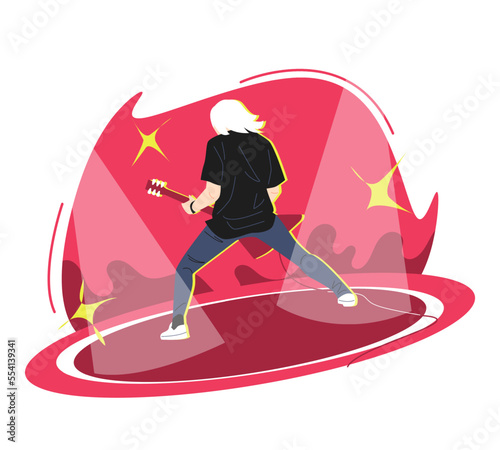 male musician, bassist with long hair performing solo in concert. back view. spotlight background, fans, stage. music concept, band. for print, poster, sticker, etc. vector flat illustration