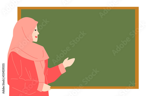 the teacher wearing the hijab is explaining. blank chalkboard. concept of school, learning, education, etc. vector flat illustration