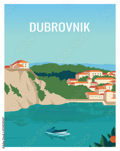 Dubrovnik, Croatia with old town,  harbor and jet ski. vector Illustration background with colored style for card, postcard, poster, print.
